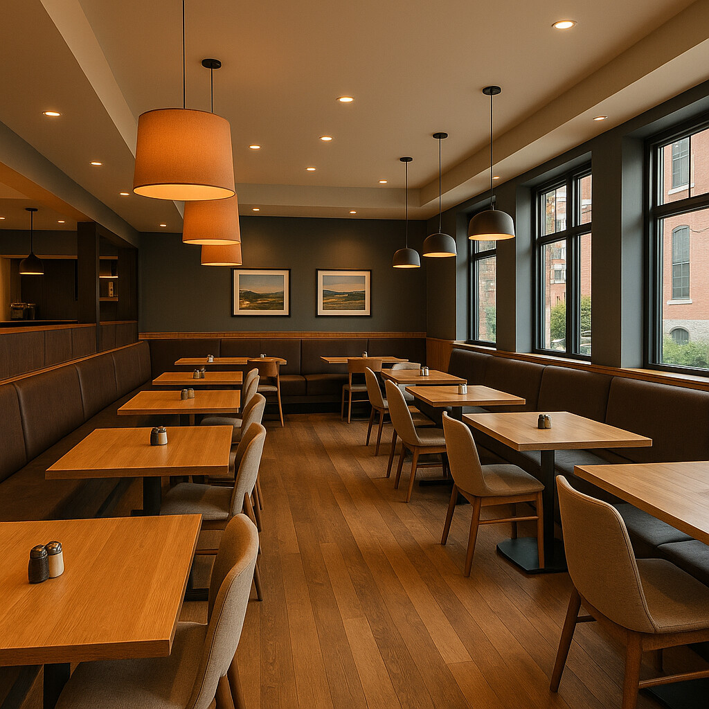 Modern casual restaurant dining room with comfortable seating, contemporary design, open floor plan, warm accent lighting and clean lines