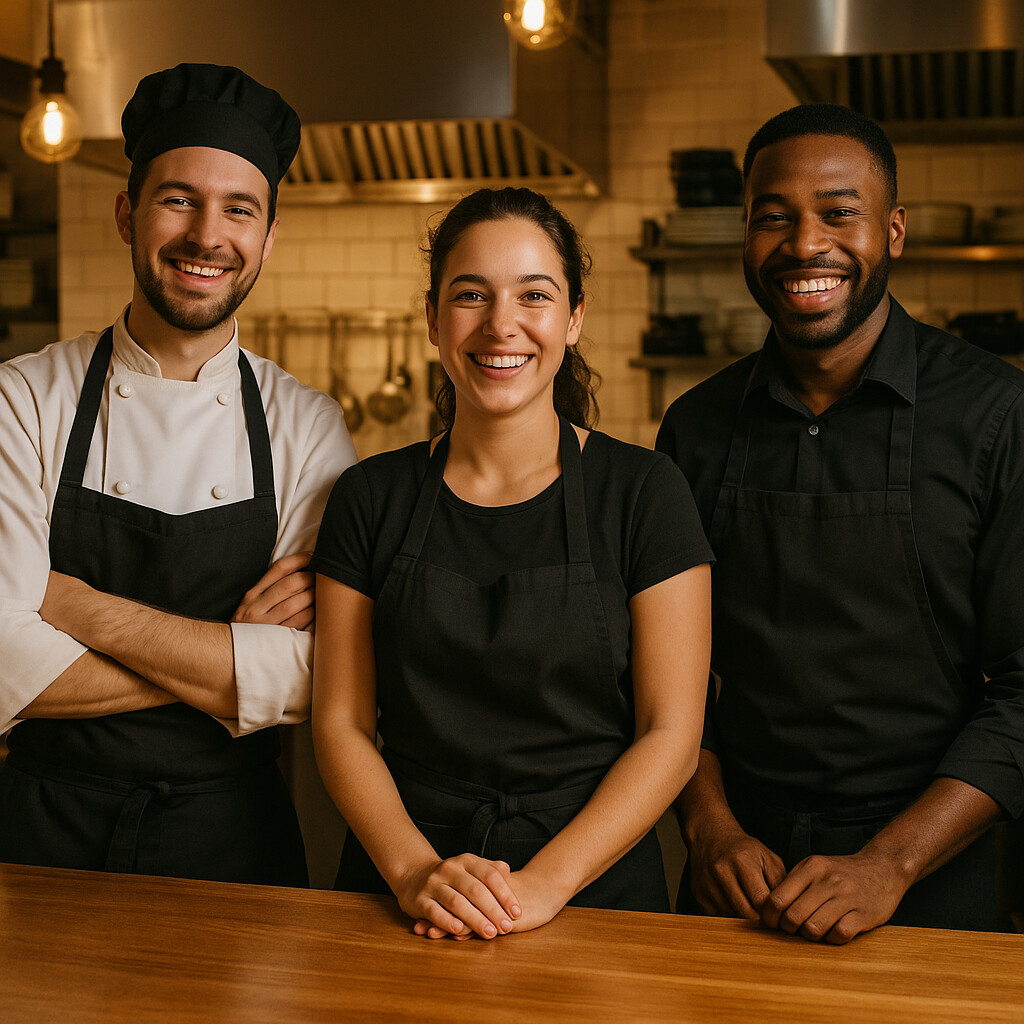 Restaurant kitchen staff working together as a professional team