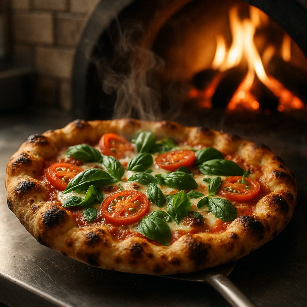 Close-up of wood-fired pizza being pulled from oven with golden bubbly crust and fresh toppings