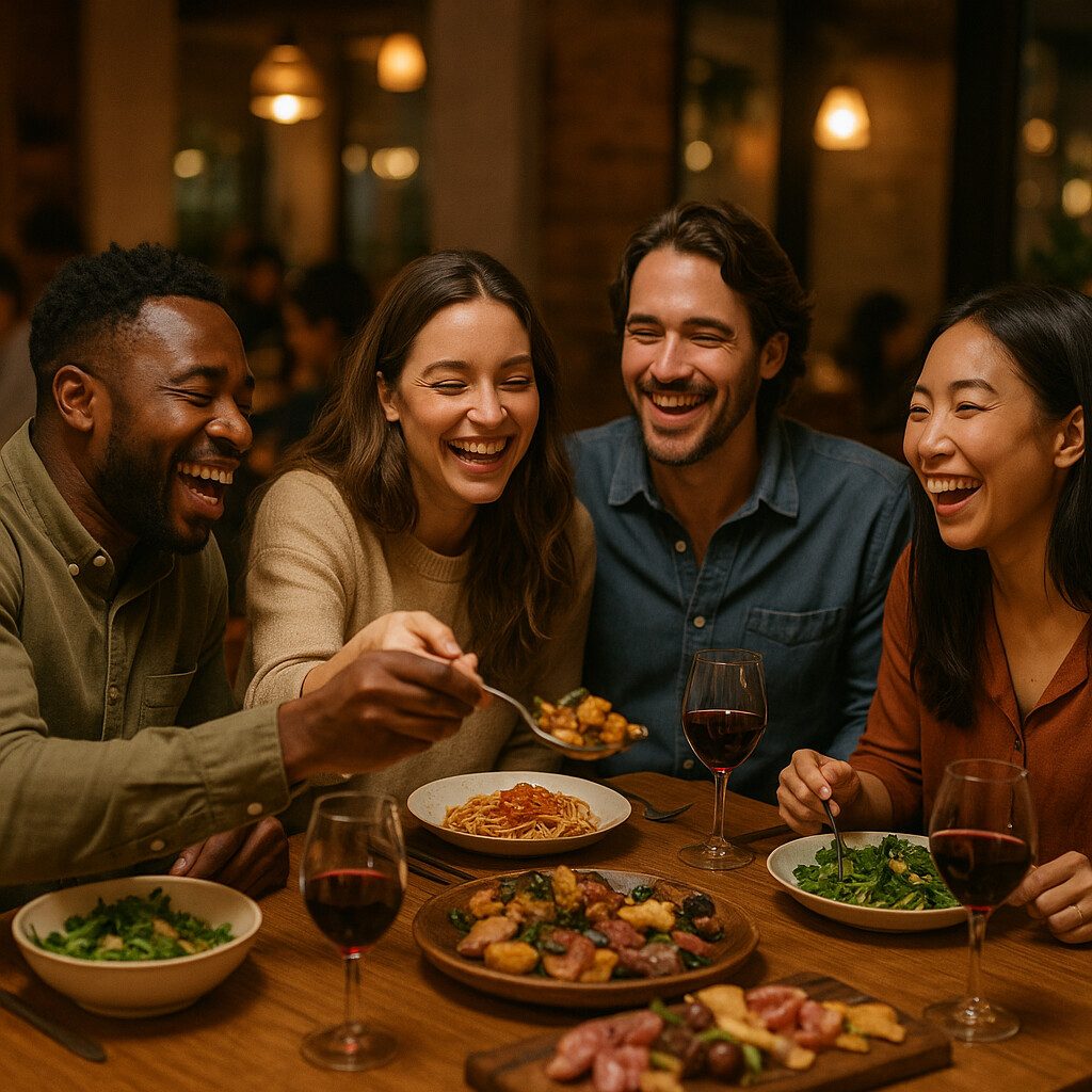 Group of friends enjoying dinner together at restaurant table, sharing food and laughing in casual celebration dining scene with warm lighting
