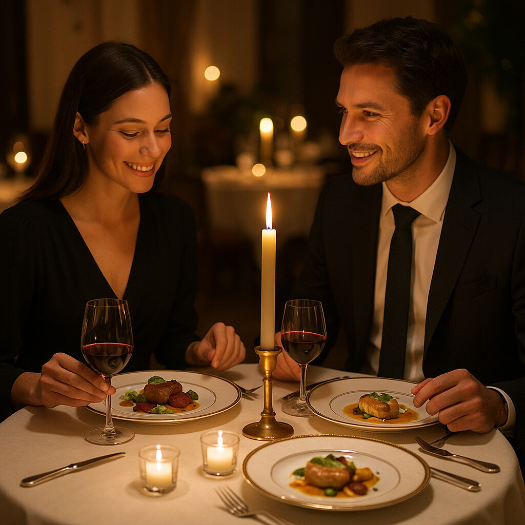 Couple enjoying dinner together with elegant plating and warm lighting